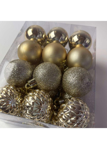 Ялинкові новорічні прикраси Іграшки на ялинку пластикові кульки 4 види по 6 шт Золотисті 4 см Упаковка 24 шт Finding (362046992)