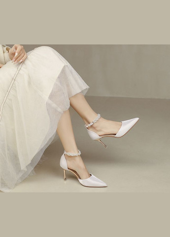 No Brand Весільні жіночі туфлі для нареченої з перлами + додатково ремінець із атласу 6 см - Білий колір білий з текстиль, — літо (322414744)