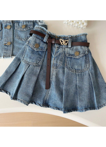 Синий летний детский джинсовый костюм жилет, юбка No Brand