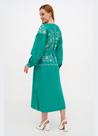 Зелена максі сукня-вишиванка з льону з об'ємним рукавом та квітковим орнаментом любисток., р., код 0336/44/744 ГАЛЕРЕЯ ЛЬОНУ