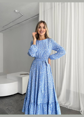 Голубое кэжуал женское легкое платье миди клеш Україна с цветочным принтом