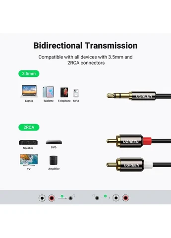 Аудіокабель AV116 3.5mm Male to 2RCA Male, PVC, 1m Black Ugreen (392077322)