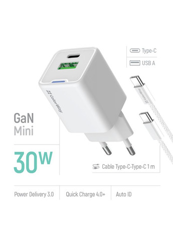 Мережевий зарядний пристрій GaN Mini 30W PD Port PPS USB (Type-C PD + USB QC4.0) White (CW-CHS053PDC-WT) + кабель USB Type-C Colorway (370620291)