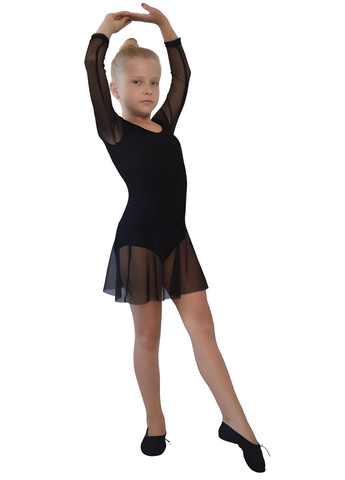 Чорний купальник трико зі спідницею-сітка та рукавами-сітка для танців. Vlad&K Довгий рукав сітка