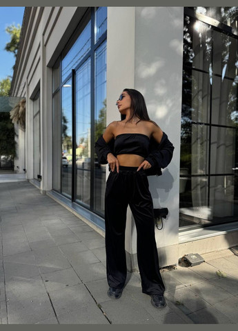 Жіночий велюровий костюм трійка кроп-худі, топ-бандо та штани палаццо MonCher (347584616)