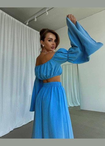 Женский костюм из американского крепа: топ + брюки с разрезами голубой 42–46 No Brand (351903690)