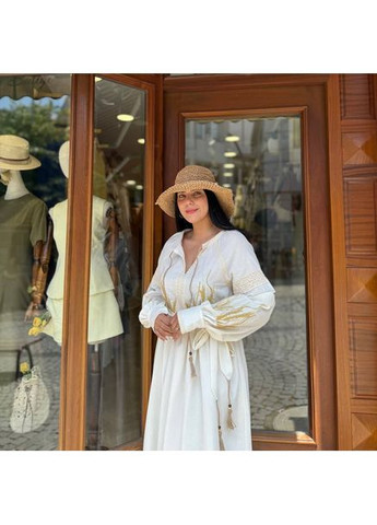 Молочная женское хлопковое платье с вышивкой колоски по всей юбке и рукавам и кружевом. You Best (360729496)