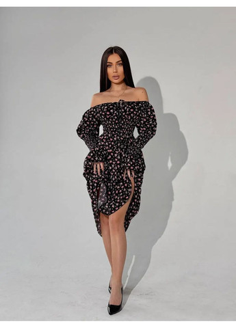 Червона cукня міді з принтом біла квітка на зеленому No Brand