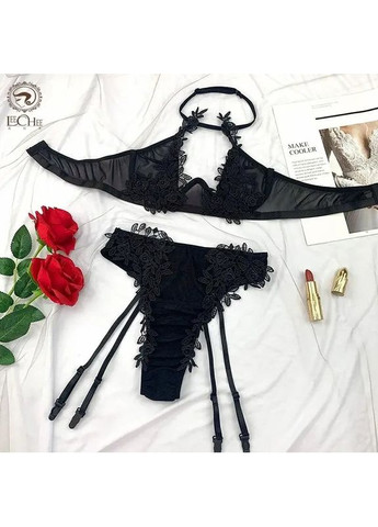 Чорний демісезонний мереживна жіноча спідня білизна з підтяжками для панчох комплект жіночой спідньой білизни обшитий мереживними нашивками. China