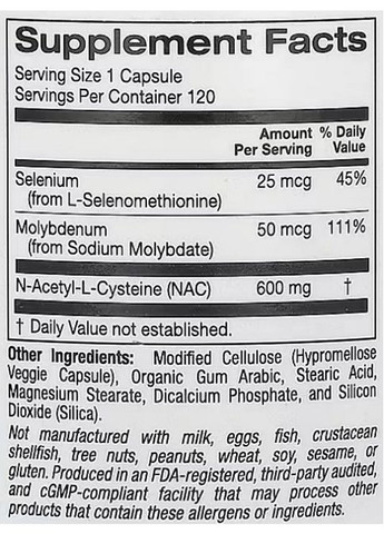 N-Acetyl-L- Cysteine 600 mg 120 Veg Caps Lake Avenue Nutrition (294817362)
