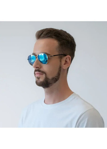 Сонцезахисні окуляри авіатори чоловічі метал чорні з блакитними лінзами UV400 поляризаційні стильні міцні No Brand (364859629)