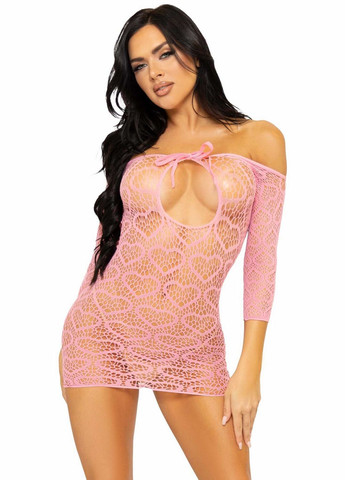 Розовое платье-сетка с сердечками heart net mini dress завязки, открытые плечи, pink one size - cherrylove Leg Avenue