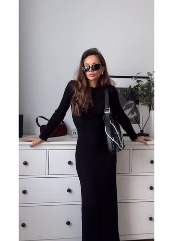 Черное повседневный платье женское макси широкий рубчик теплое длинное приталенное No Brand однотонное