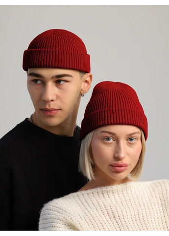 Унисекс шапка мини-бини с отворотом двойная вязка, универсальный размер STD (366343571)