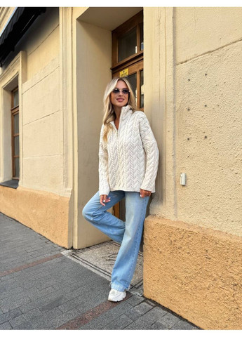 Молочний демісезонний трикотажний светр з об’ємною в’язкою «косичка» з коміром-стійкою і замком — туреччина, універсальний розмір (заміри в описі) DK/DL Мода без кордонів