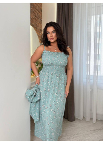 Жіночий костм: сарафан із + блуза в квітковий принт, сорочка на зав'язках Арт ВЛВ-5418, м'ята, розмір 56–58 No Brand (355469606)