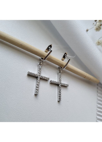 Срібні сережки з Підвіскою Хрести з Білим камінням срібло 925 проби Родоване 53103р 3.70г No Brand (306741704)