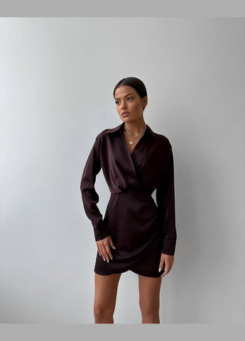 Коричневое кэжуал платье-рубашка с длинным рукавом на запах Adelante однотонное