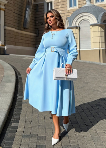 Голубое праздничный, коктейльное, вечернее вечернее платье миди праздничное с длинными рукавами клеш, колокол, в стиле ампир No Brand однотонное
