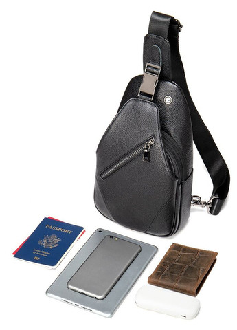 Мужская сумка-слинг из натуральной зернистой кожи с двумя отделениями черная (sku_20249) No Brand (328922496)