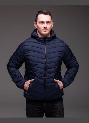 Темно-синяя демисезонная утепленная стеганная куртка съемный капюшон Vakko