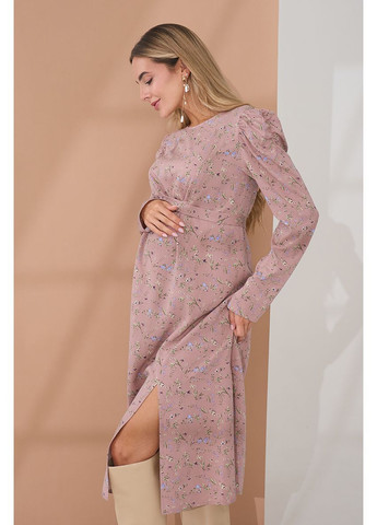 Пудровое нарядное платье миди для беременных и кормящих пудровое с цветочным принтом Юла мама с цветочным принтом