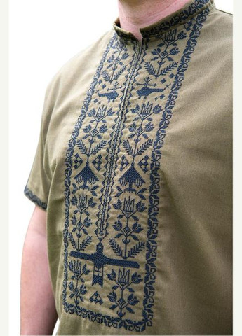 Хакі чоловіча лляна сорочка-вишиванка захисник літня з коротким рукавом Україна візерунок орнамент льон (334348446)