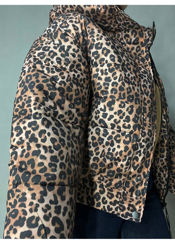 Коричнева демісезонна куртка жіноча 9006 коротка з капюшоном леопардовий принт на резинці демісезонна коричнева Lady yep