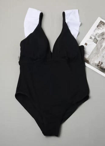 Черный демисезонный сплошной купальник margaryta с v-образным вырезом и рюшами черный (7340) слитный FS