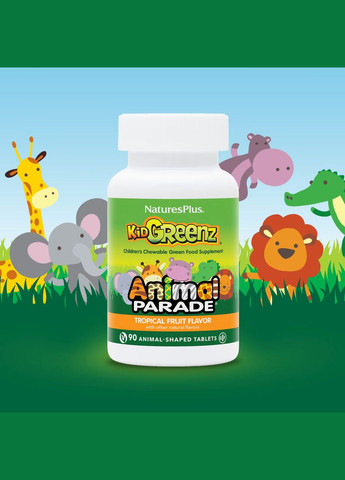 Animal Parade, Kid Greenz для дітей, з броколі, шпинатом, з натуральним смаком тропічних фруктів, 90 таблеток Nature's Plus (323220483)
