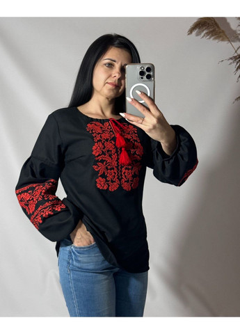 Чёрная борщаговская женская вышиванка с длинным рукавом на черном домотканом полотне узор орнамент прямой, свободная хлопок (353390242)