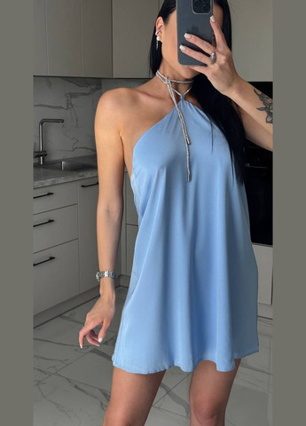 Голубое праздничный, вечернее женское шелковое платье мини с декорированной завязкой на шее с открытой спиной MonCher