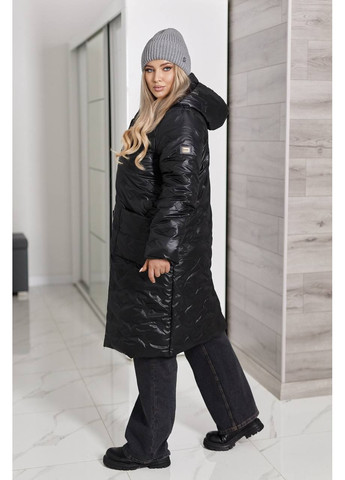 Черное демисезонное Зимнее стеганное пальто -20° из плащевки лакое • ультратеплое и стильное • ЗАМЕРЫ В ОПИСАНИИ Vione