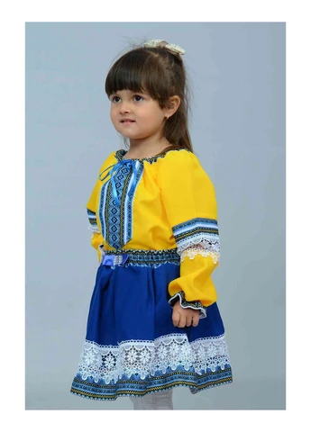Сине-желтый демисезонный костюм вышитый (рубашка, юбка, пояс) Liana Style