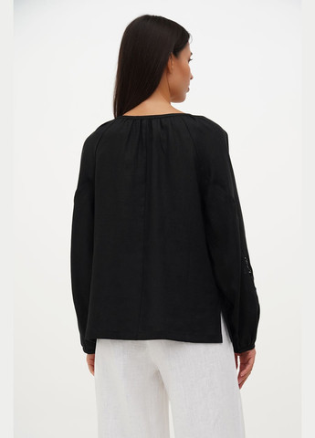 Чорна святкова жіноча вишиванка з льону з квітами, з мереживом та рукавом реглан соломія., р., код 9400/50/147 ГАЛЕРЕЯ ЛЬОНУ