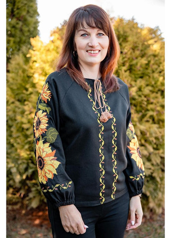 Чёрная черная женская вышиванка с подсолнухами длинный рукав лен вышивка крестом контрастная, s лен (301034528)