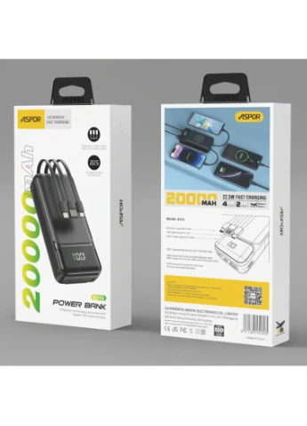 Павербанк 20000 mAh 22.5W з швидкою зарядкою Power Bank для телефону планшета повербанк Чорний Aspor (400167062)