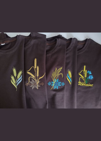Коричневая женская шоколадная вышитая футболка с патриотическим колосочком НоКо узор украинская символика прямой хлопок, эластан (336346460)