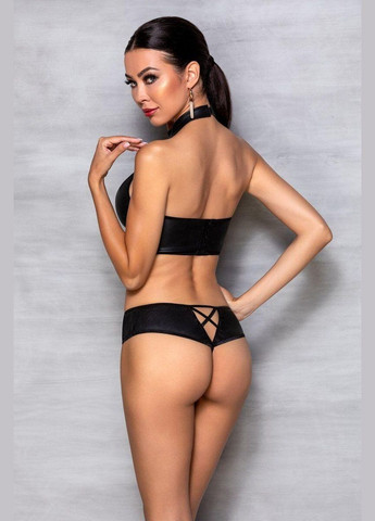 Чорний демісезонний комплект з еко-шкіри: бра і трусики з імітацією шнурівки nancy bikini black l/xl - Passion