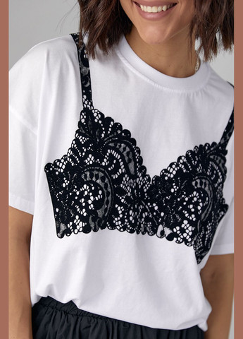 Футболка oversize прикрашена принтом у вигляді мереживного ліфа Liton - (296988247)