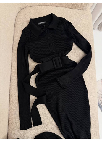 Черное повседневный, вечернее, деловое, кэжуал женское платье с поясом силуэтная No Brand однотонное