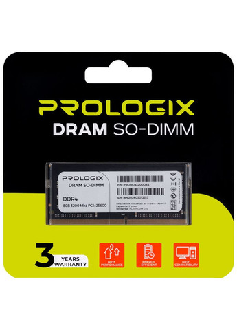 Модуль пам'яті для ноутбука SoDIMM DDR4 8GB 3200 MHz (PRO8GB3200D4S) Prologix (304255805)