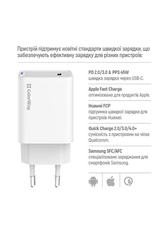 Мережевий зарядний пристрій GaN Mini 45W PD Port PPS USB-C White (CW-CHS057PD-WT) Colorway (370620122)