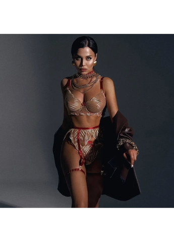 Золотистий демісезонний мереживний комплект із поясом. еротичний жіночий мереживний комплект білизни золотого кольору в комплекті пояс та підв'язки No Brand