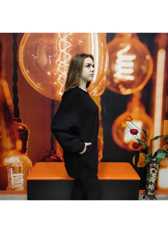 Толстовка женская флис худи оверсайз карманы без капюшона М черная AKSAN (354332007)