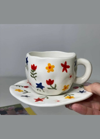 Керамическая чашка для кофе с блюдцем "Цветочки" 290мл, ручной работы, белая OSM (319155297)