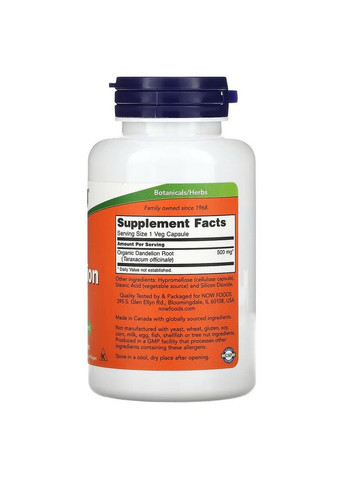 Натуральная добавка Dandelion Root 500 mg, 100 вегакапсул Now (294927043)