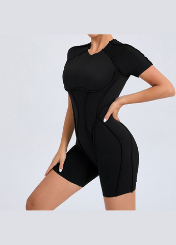 Комбинезон для фитнеса Lines бежевый шортами и коротким рукавом No Brand чёрный нейлон, эластан