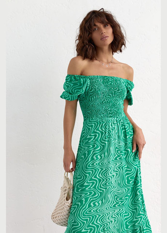 Изумрудное пляжное летнее платье макси с эластичным верхом 5554-1 Lurex с абстрактным узором