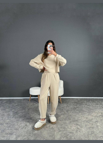 Красивий однотонний бежевий костюм двійка з укороченим об'ємним худі + штани, демісезонний костюм 2-ка з турецької тканини No Brand 328-2 (302879046)